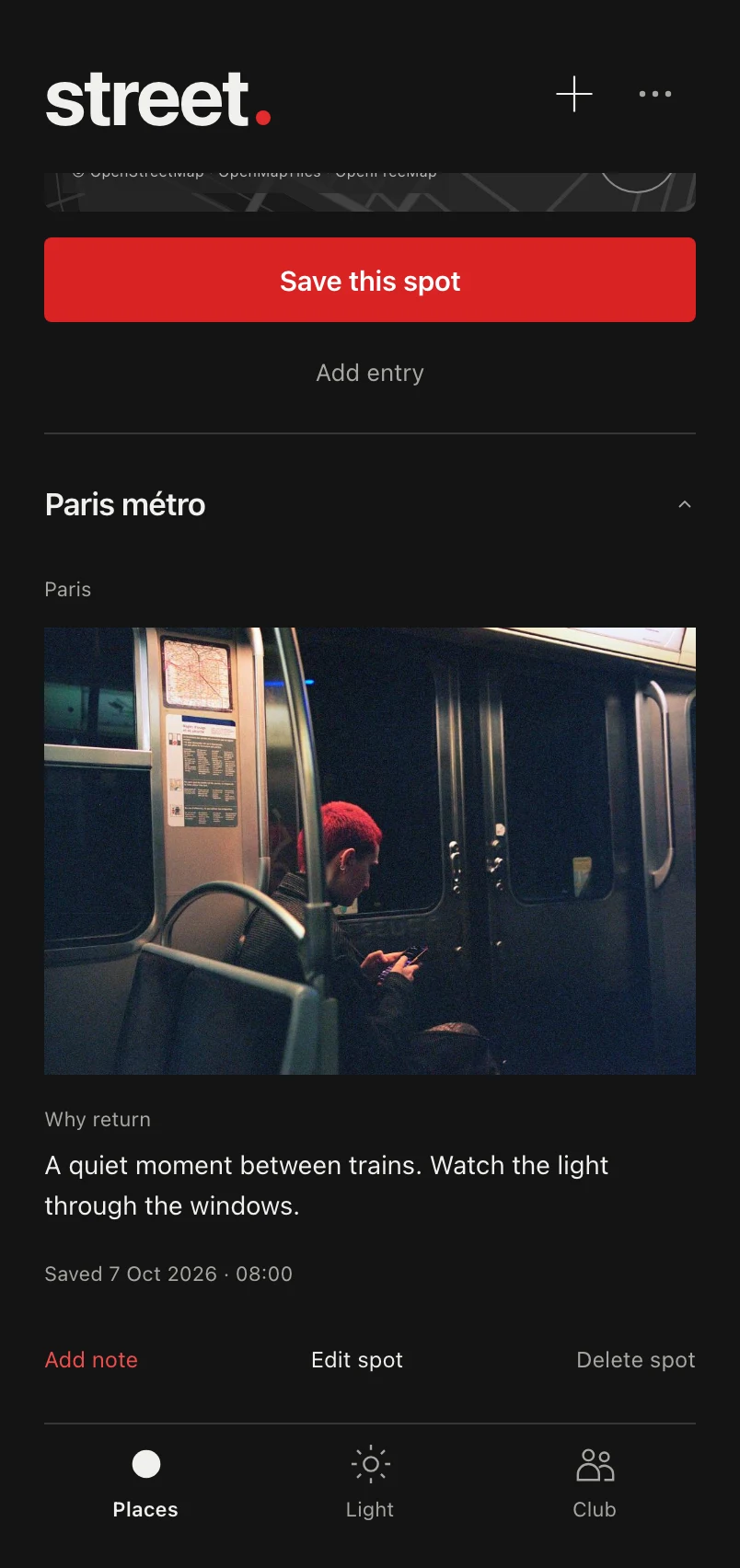A saved Canal Saint-Martin entry with a photograph, location and reason to return