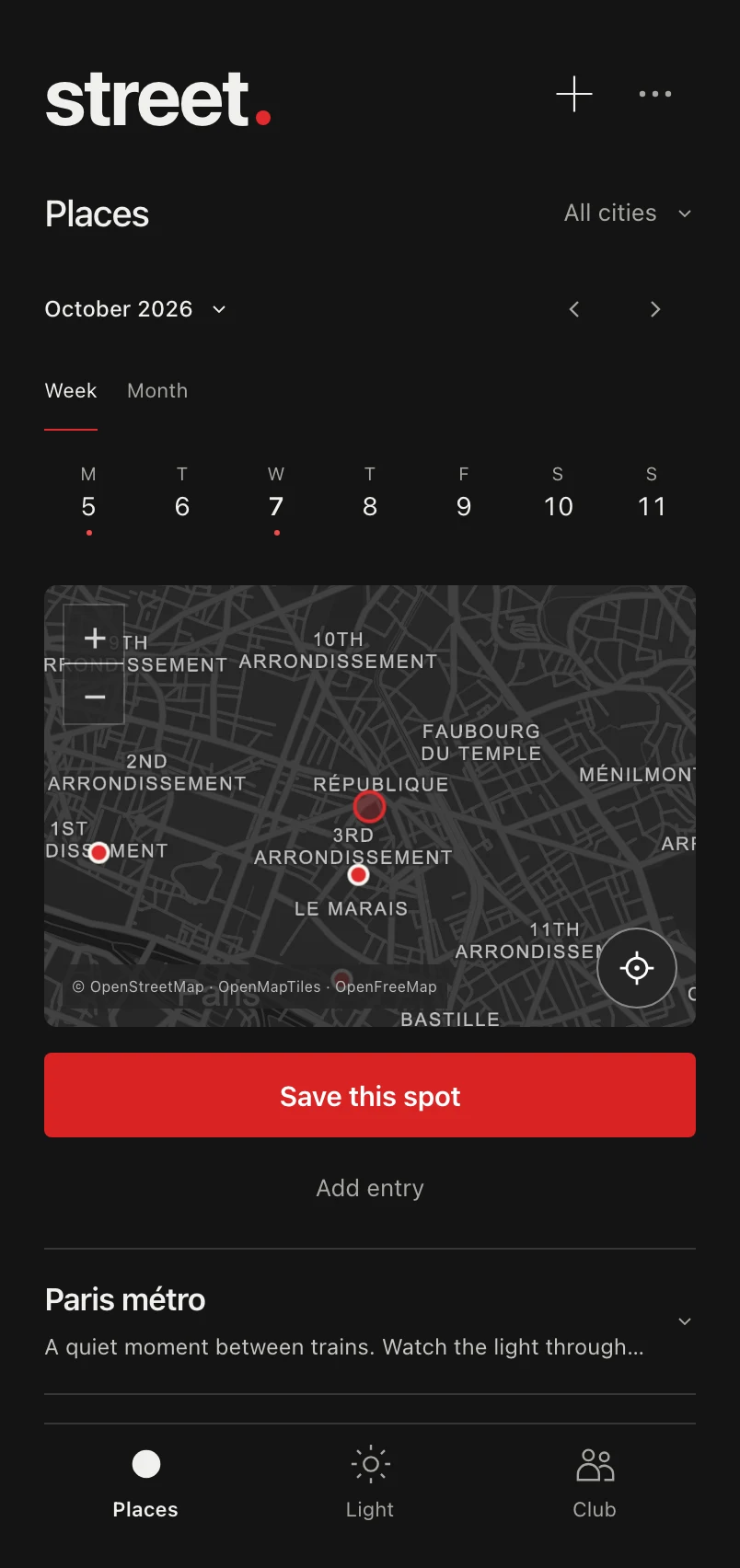 A map with red saved spots, a calendar and the Save this spot action